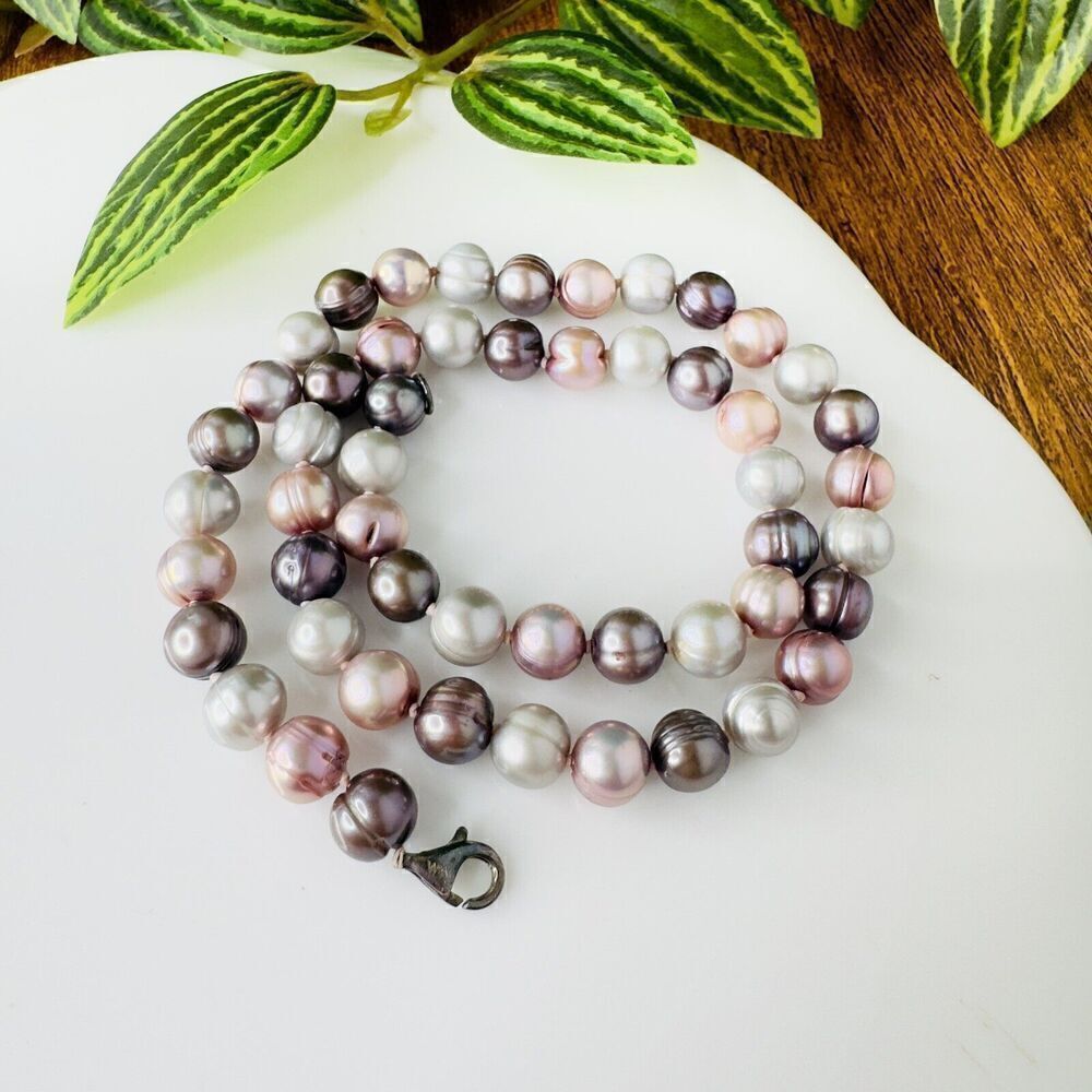 WW 925 Baroque Potato Freshwater Pearl Necklace White Pink Shades Sterling 4577